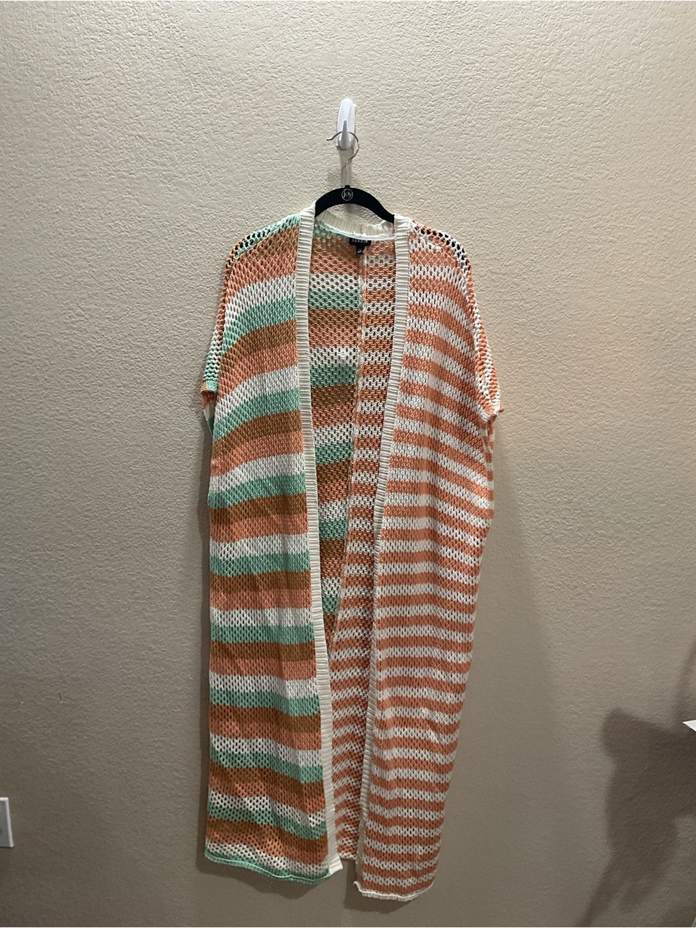 torrid Striped Open-Knit Duster in White, Orange & Mint